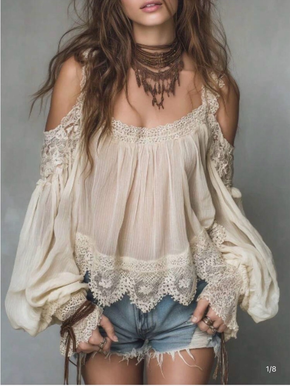 Boho Cold-Shoulder Crochet Lace Blouse - Cream